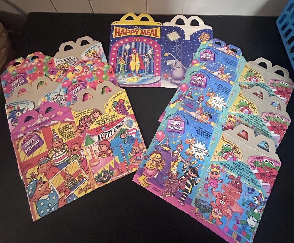 Vintage 1994 McDonald’s Happy Meal Birthday Party Boxes Muppets Barbie Sonic Lot